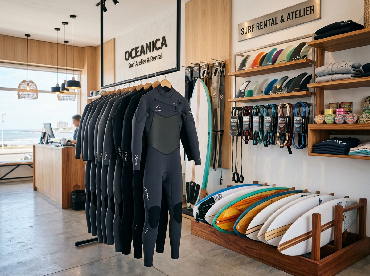 Rack de trajes térmicos y tablas de alquiler en Mar del Plata